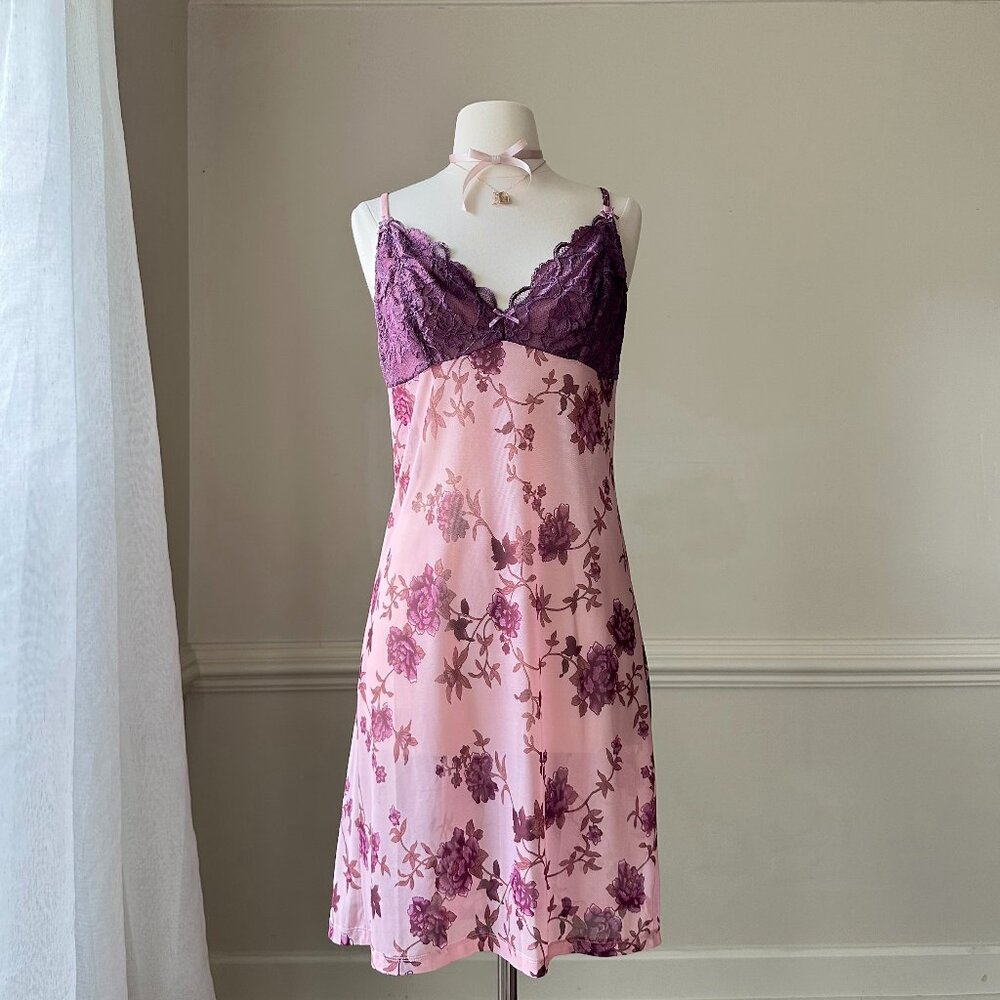 Romantic maroon slip dress featuring roses on vine print pattern